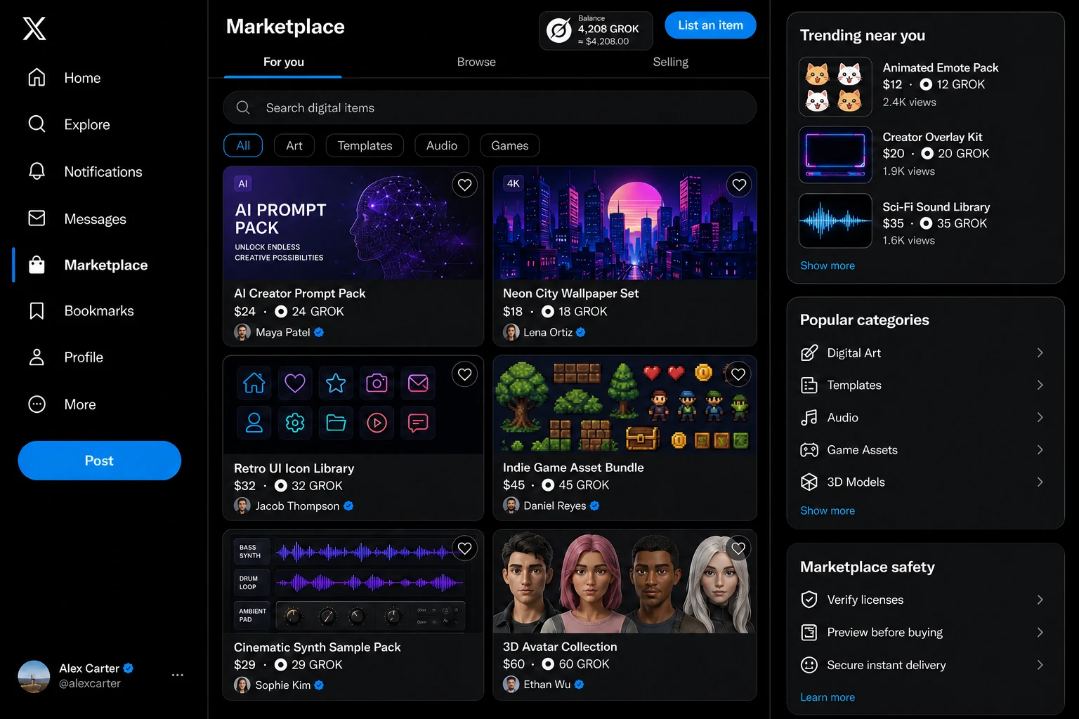 Grokvortex marketplace interface listing digital items priced in Grok token